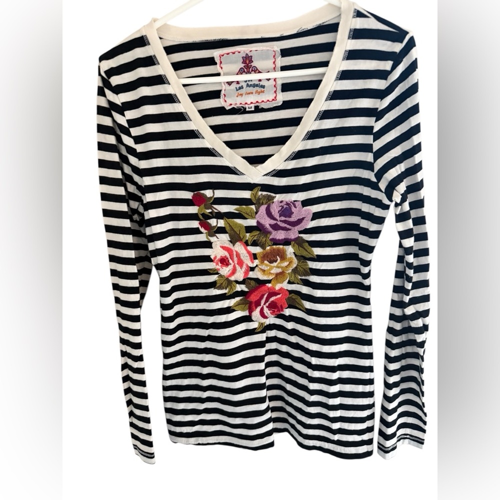 Johnny Was Black and White Striped Floral Embroidered Top